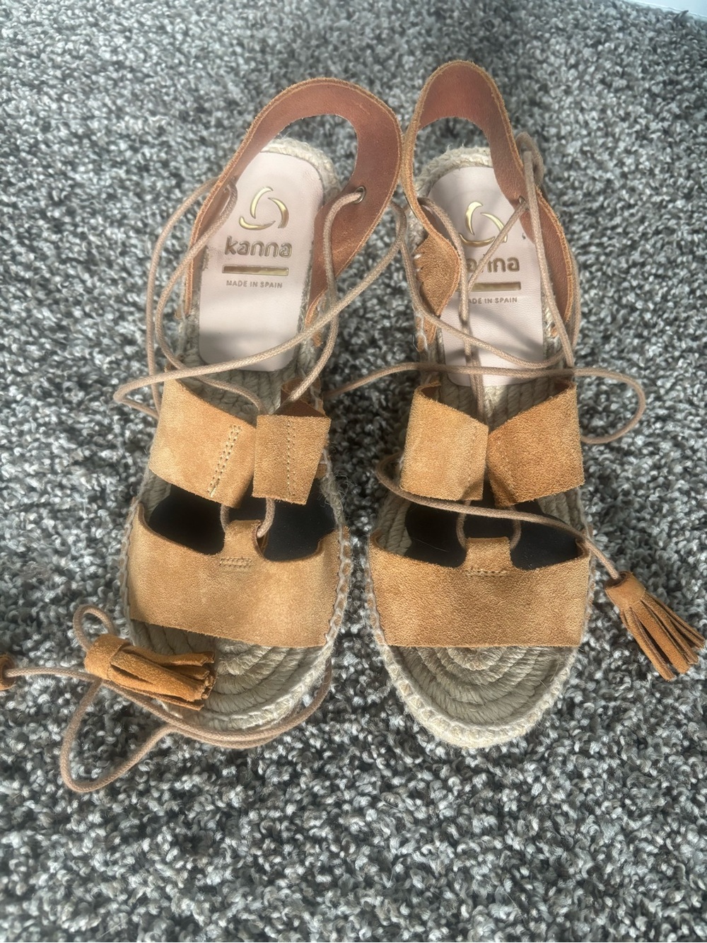 kanna Tan Suede Espadrille Wedge Sandals with Ankle Tie US 7 EU 37